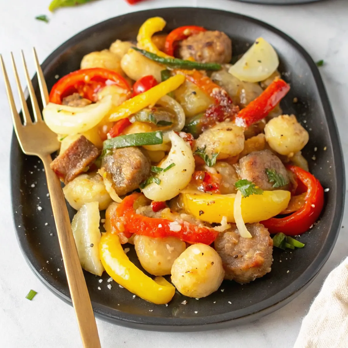 Perfectly seared Sheet-Pan Gnocchi with Sausage and Peppers served professional style