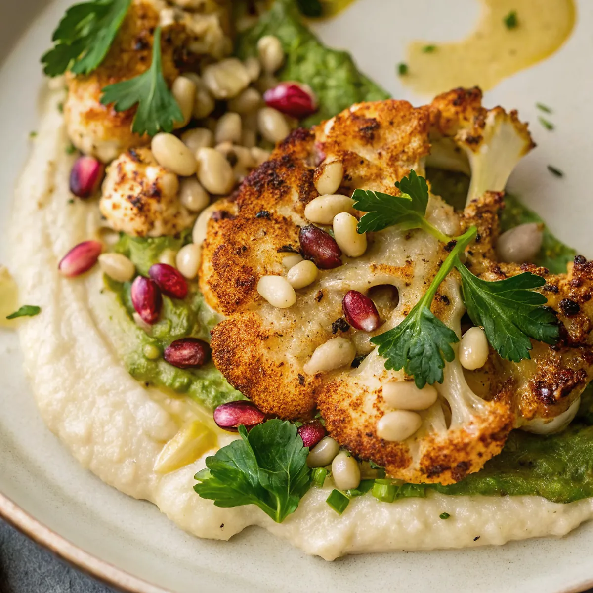 Perfectly seared Roasted Cauliflower Steaks With Butter Bean Purée served professional style