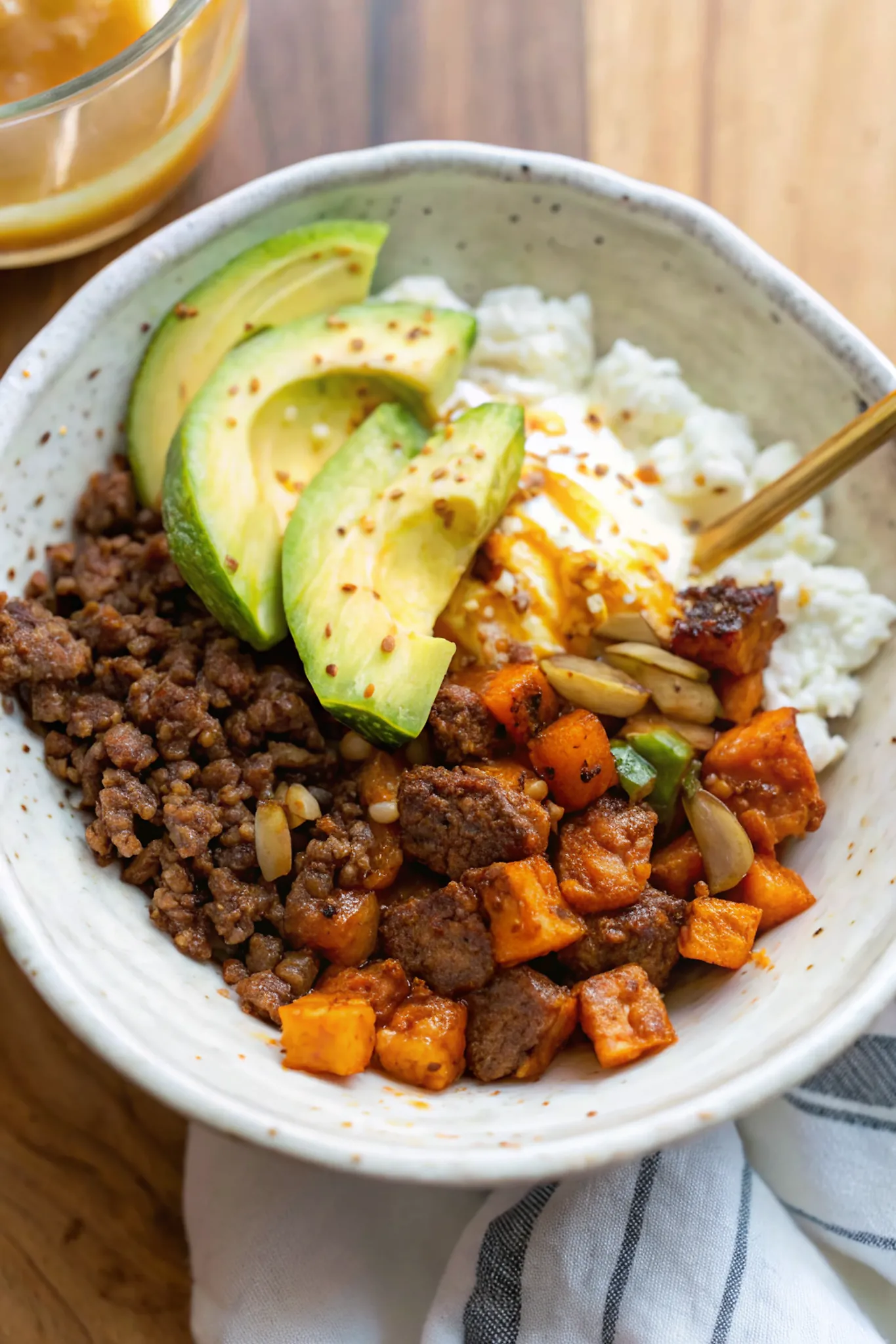 Perfectly seared Viral Hot Honey Ground Beef Bowls served professional style