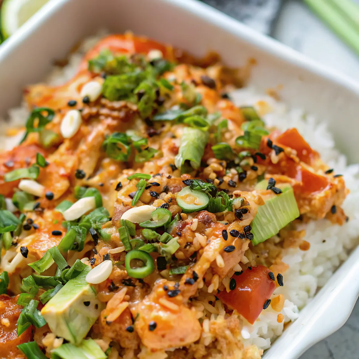 Perfectly seared Teriyaki Salmon Sushi Bake for Two served professional style