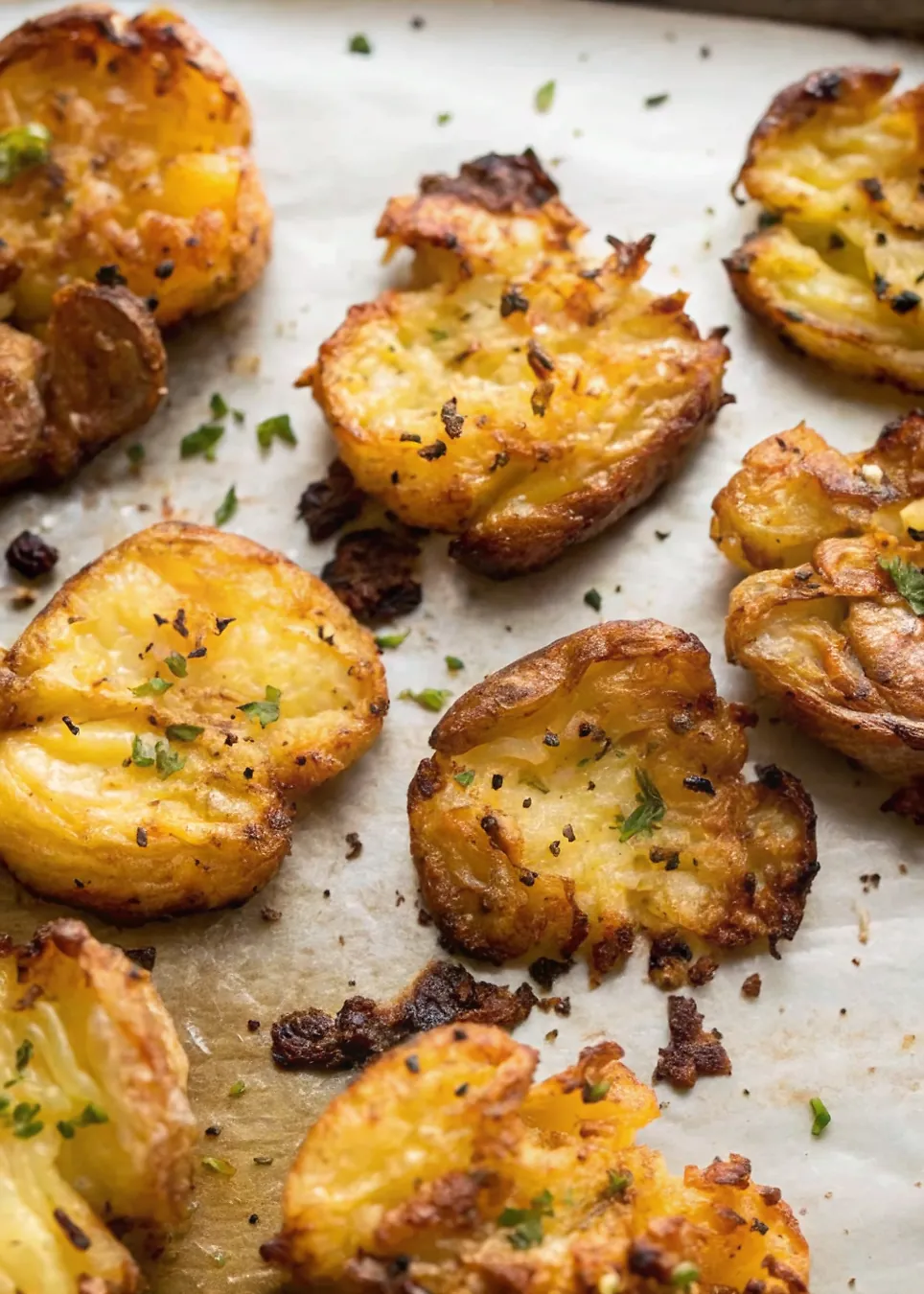 Perfectly seared Ultra Crispy Smashed Potatoes served professional style
