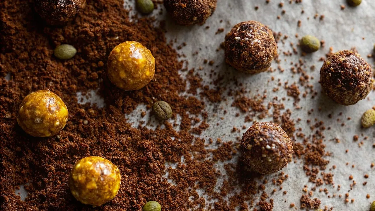 Perfectly seared No-Bake Energy Bites with Ginger, Turmeric, Almonds, and Espresso served professional style