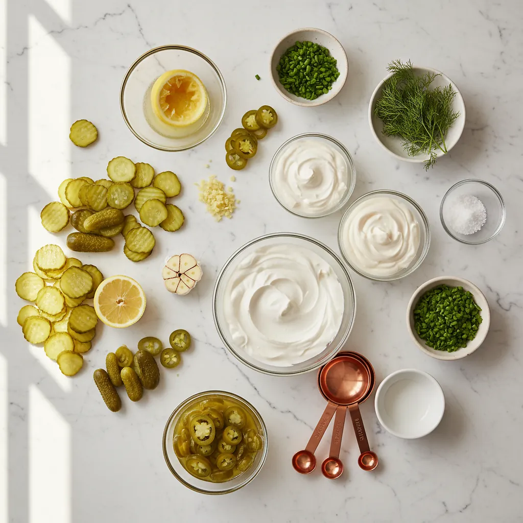 Easy, Crunchy Pickle Dip ingredients organized for rapid prep on a dark wood board