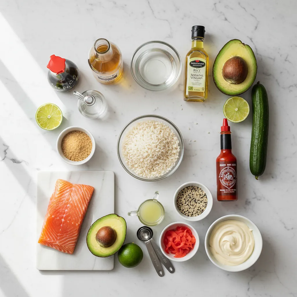 Crispy Rice Sushi Waffles ingredients organized for rapid prep on a dark wood board