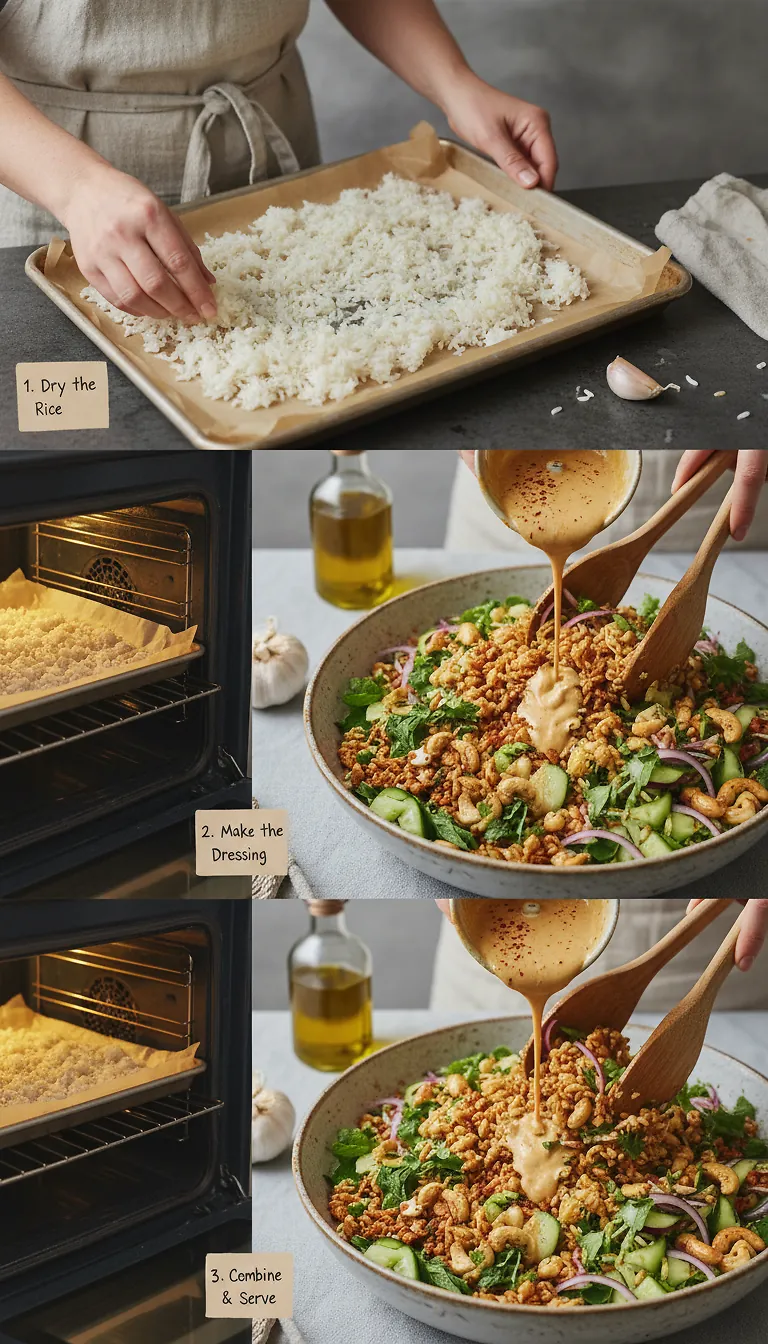 Step-by-Step High Heat Execution for Crispy Rice Salad With Spicy Tahini Dressing