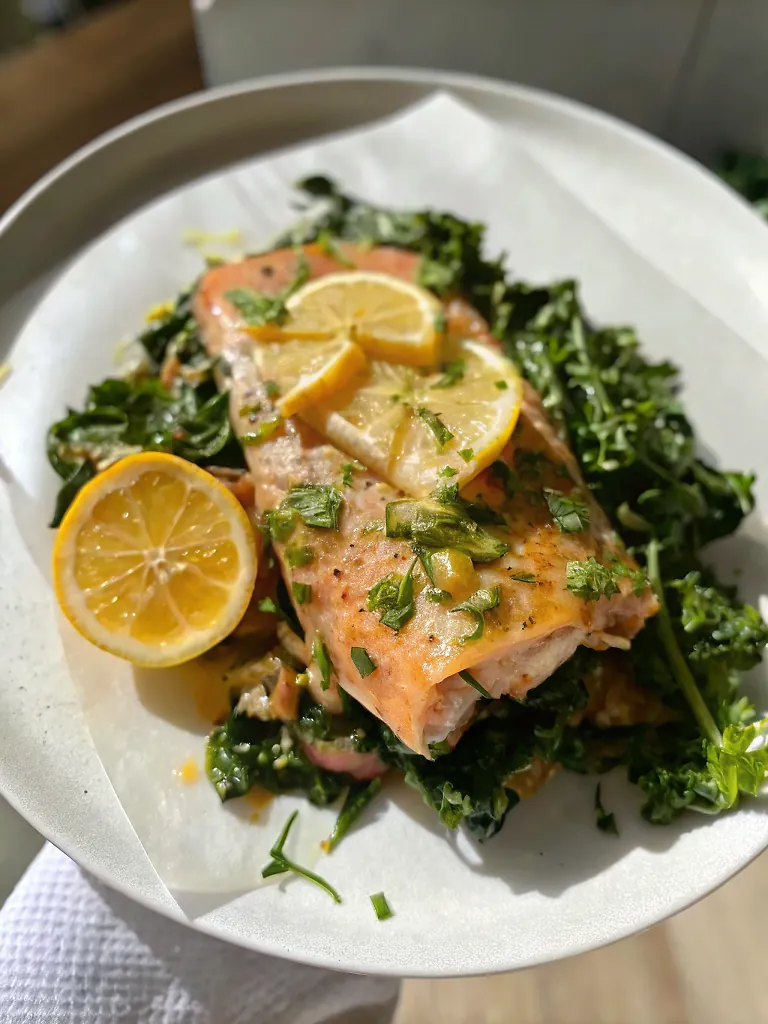 Perfectly seared Mediterranean- Style Arctic Char in Parchment served professional style