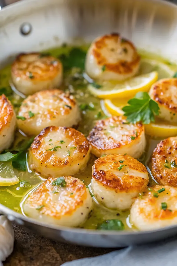 Perfectly seared Seared Scallops with Garlic Butter served professional style