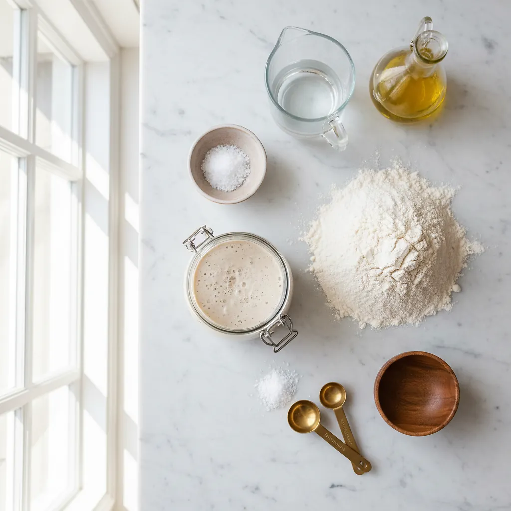 Simple Sourdough Focaccia ingredients organized for rapid prep on a dark wood board