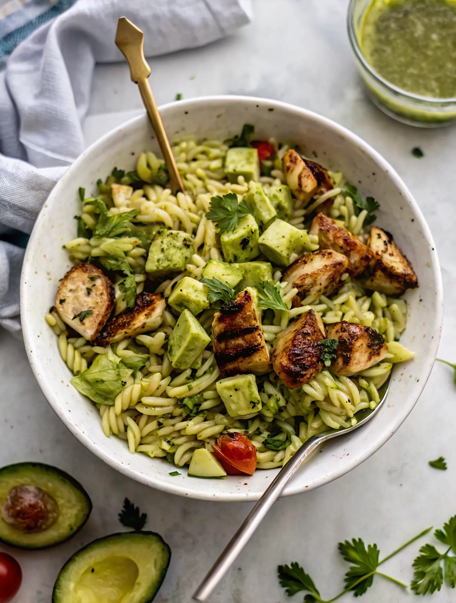 Perfectly seared Grilled Chicken Orzo Salad with Avocado served professional style