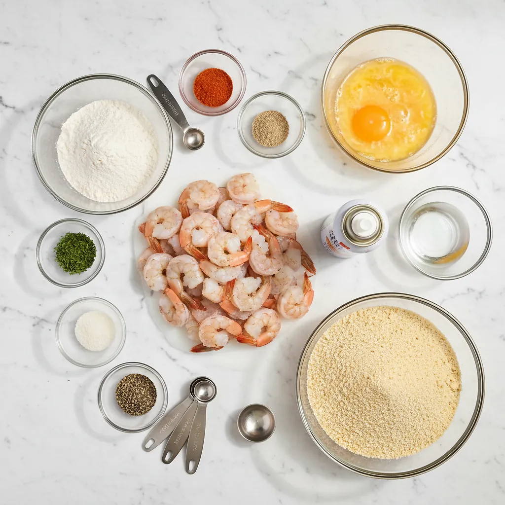 Air Fryer Fried Shrimp ingredients organized for rapid prep on a dark wood board