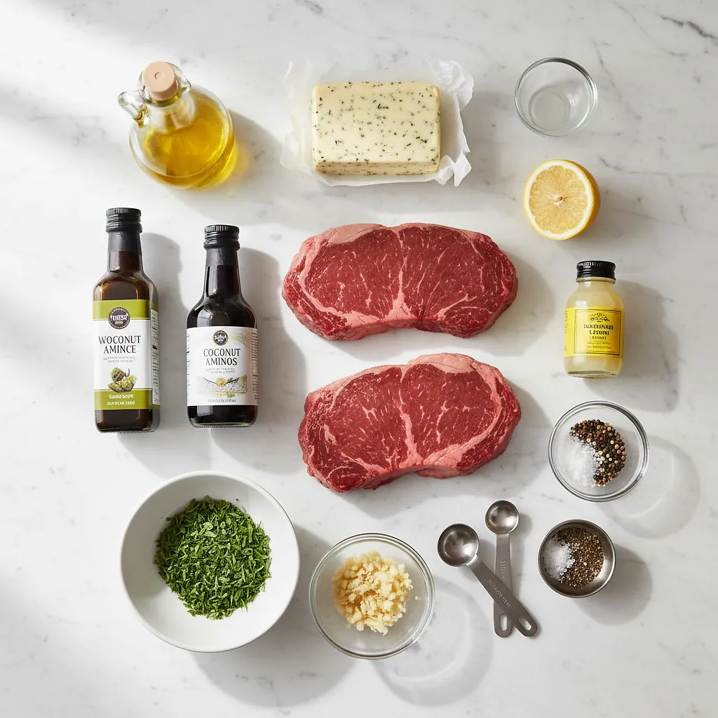 Grilled Steak (Perfect Every Time) ingredients organized for rapid prep on a dark wood board