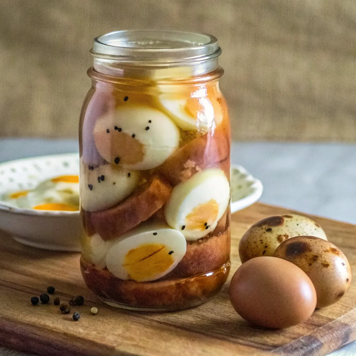 Perfectly seared Pickled Eggs and Sausage served professional style