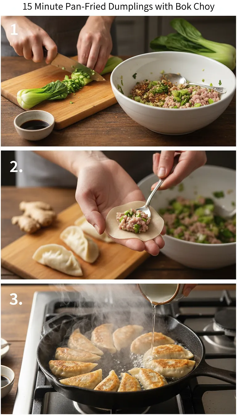 Step-by-Step High Heat Execution for 15-Minute Pan-Fried Dumplings with Bok Choy