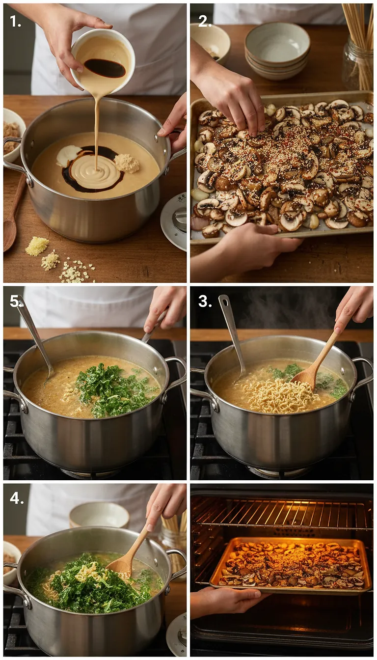 Step-by-Step High Heat Execution for 30 Minute Creamy Sesame Miso Ramen with Crispy Mushrooms