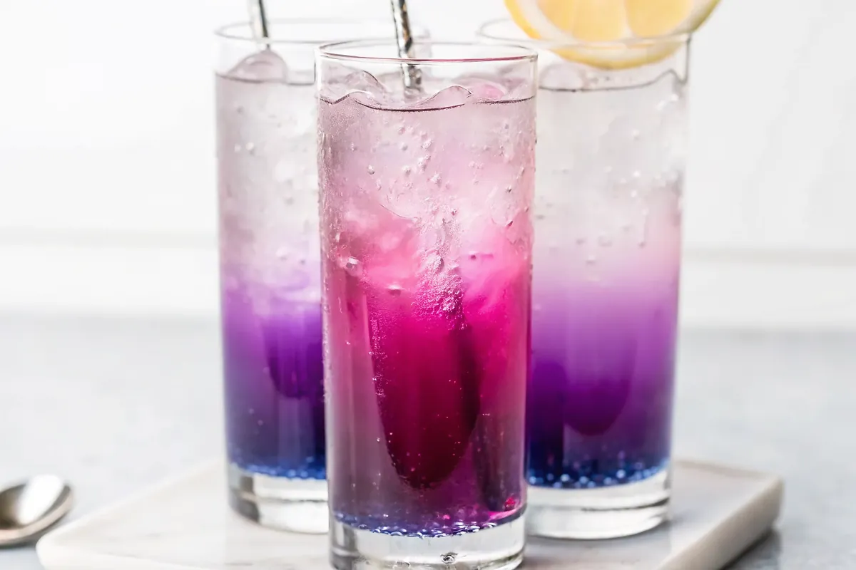 Perfectly seared Magic Butterfly Pea Lemonade served professional style