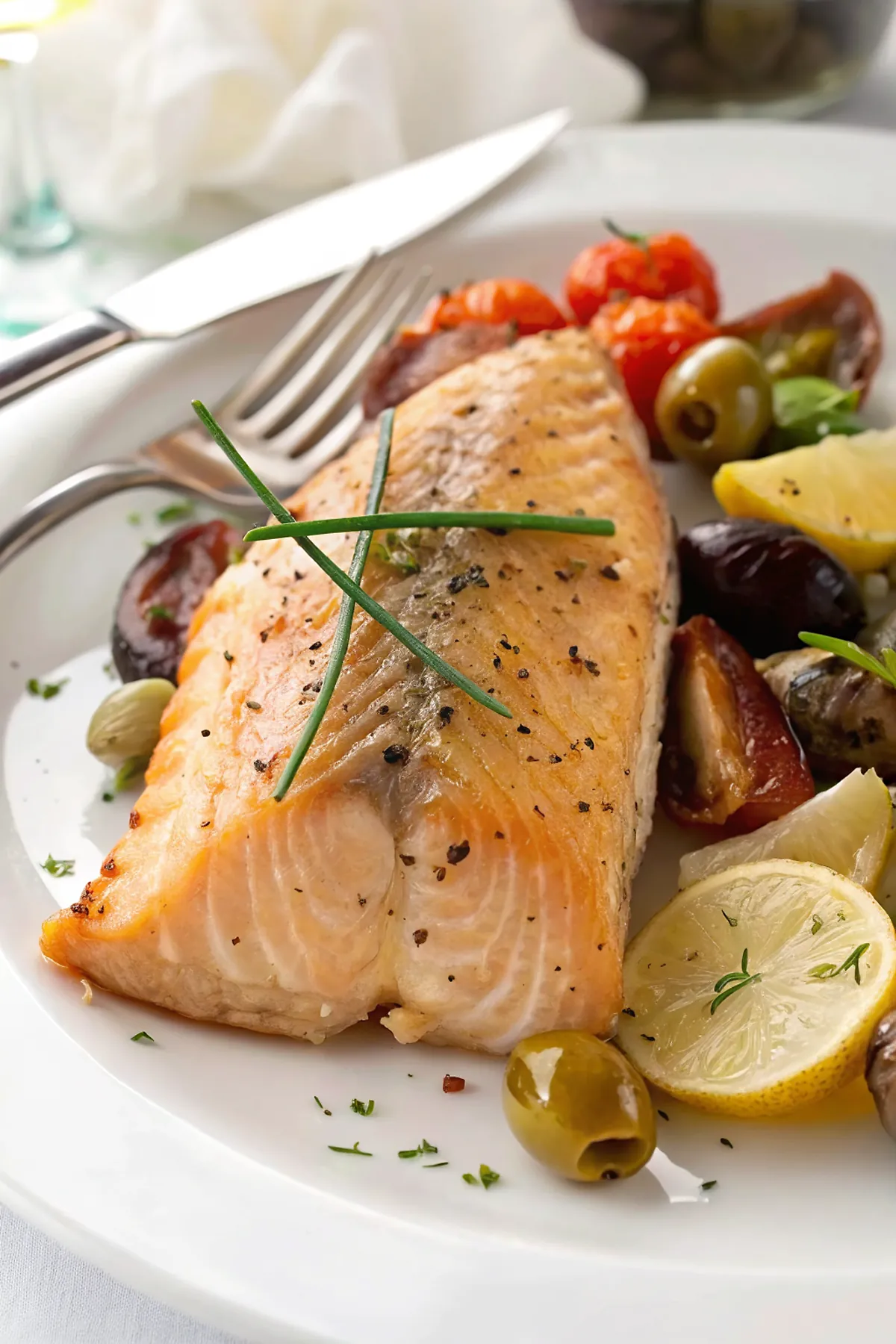 Perfectly seared Baked Arctic Char with Vegetables served professional style
