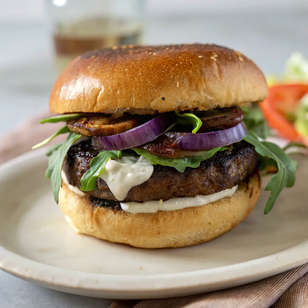 Perfectly seared Grilled Portobello Burger (with Garlic-Chive Aioli) served professional style