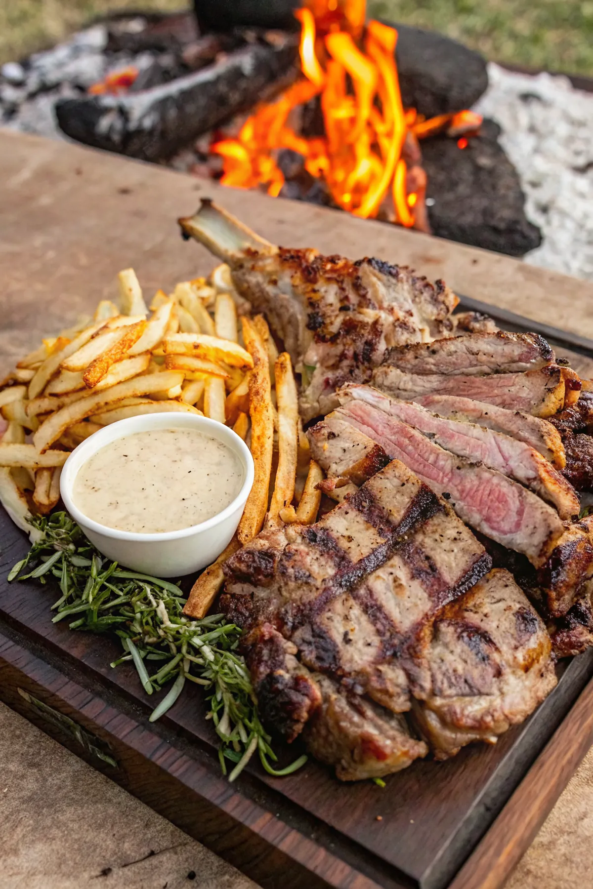 Perfectly seared Grilled Ribeye with Beef Tallow Fries served professional style