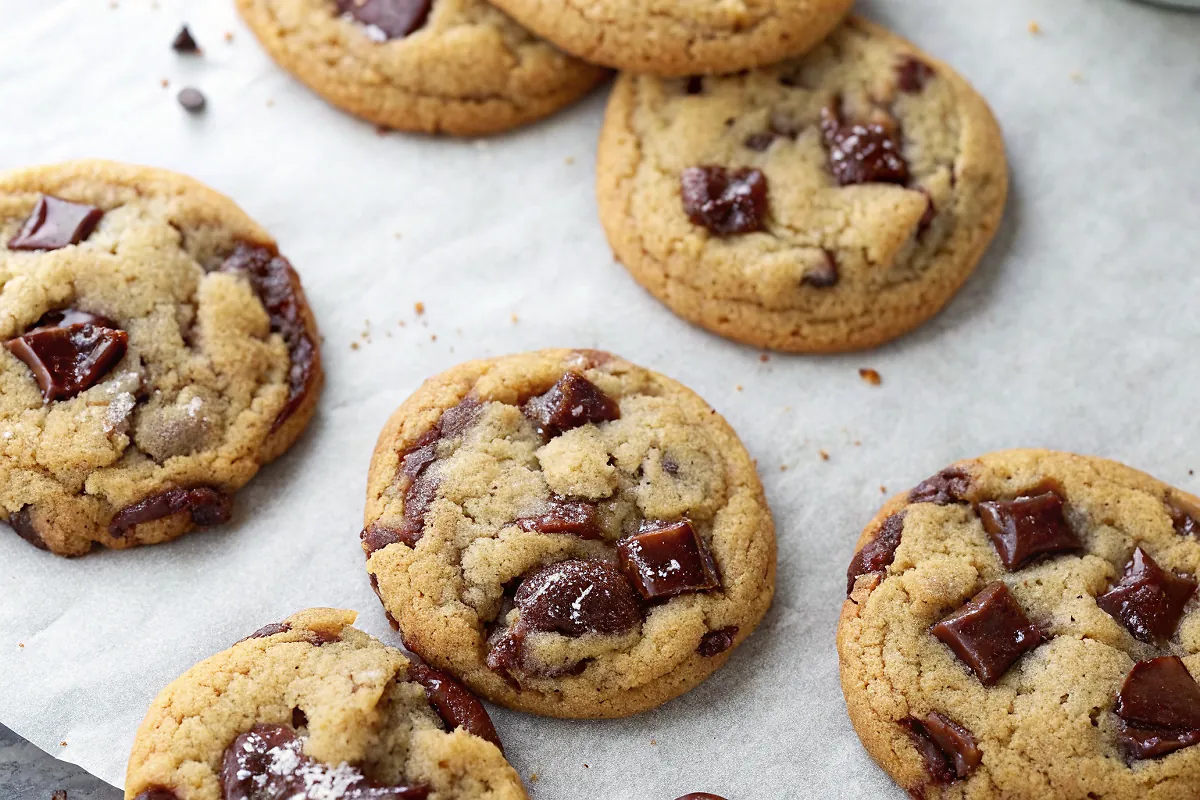 Perfectly seared Olive Oil Chocolate Chunk Cookies served professional style