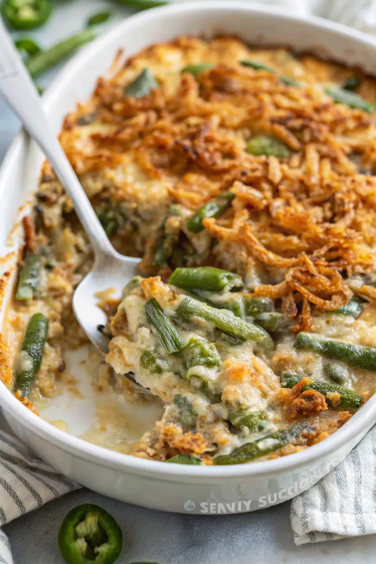 Perfectly seared Green Bean Casserole served professional style