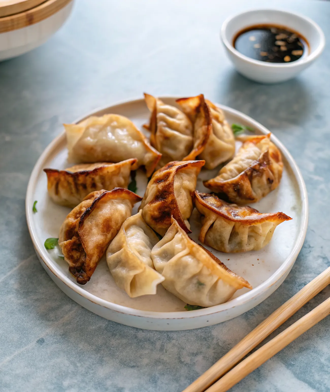 Perfectly seared Air Fryer Dumplings served professional style