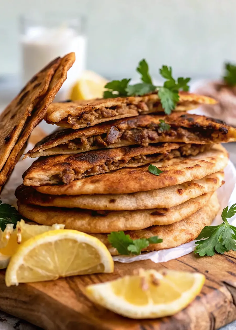 Perfectly seared Arayes - Lebanese Meat-Stuffed Crispy Pita served professional style