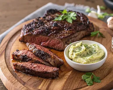 Perfectly seared Pan-Seared Steak with Garlic Butter served professional style