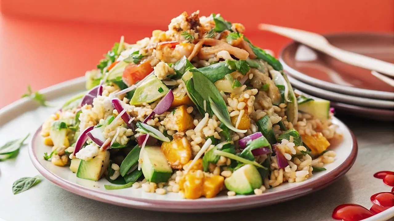 Perfectly seared Crispy Rice Salad With Spicy Tahini Dressing served professional style