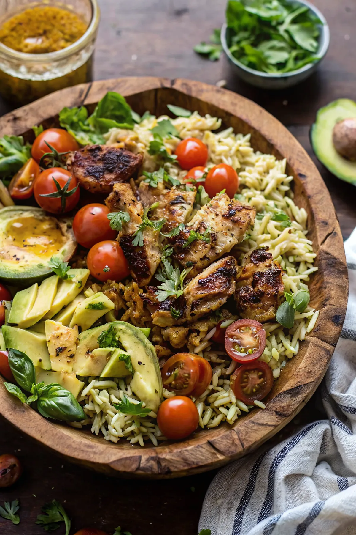 Perfectly seared Grilled Lemon Herb Chicken Avocado Orzo Salad with Honey Mustard Bacon Dressing served professional style
