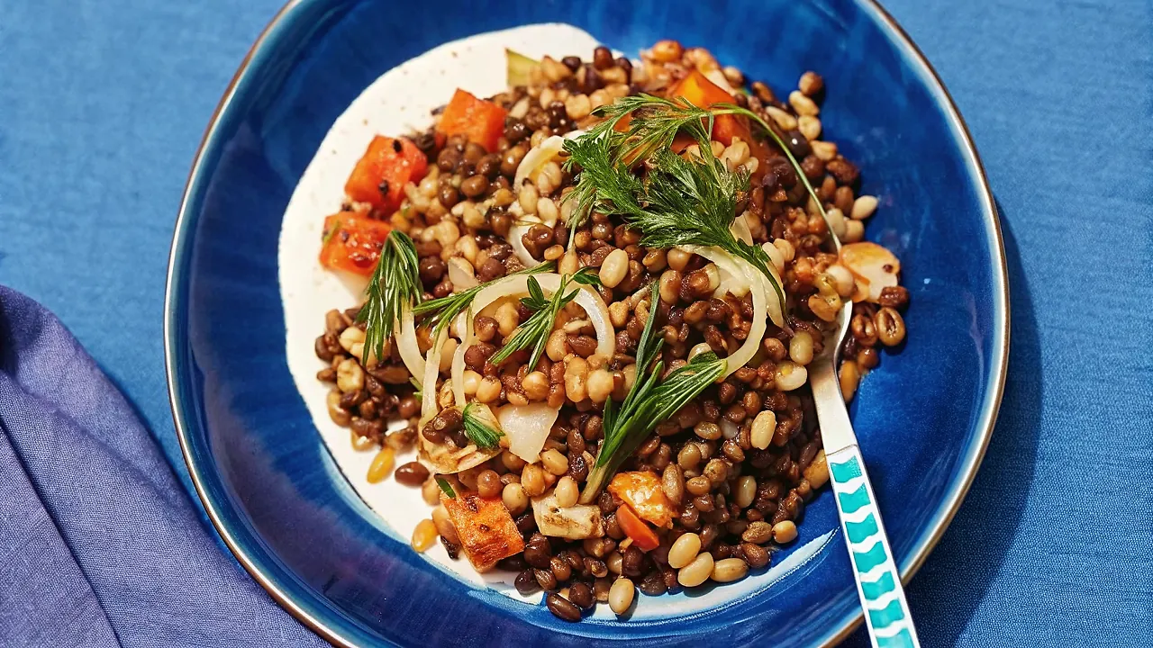 Perfectly seared Need-More-Fiber Lentil Salad served professional style