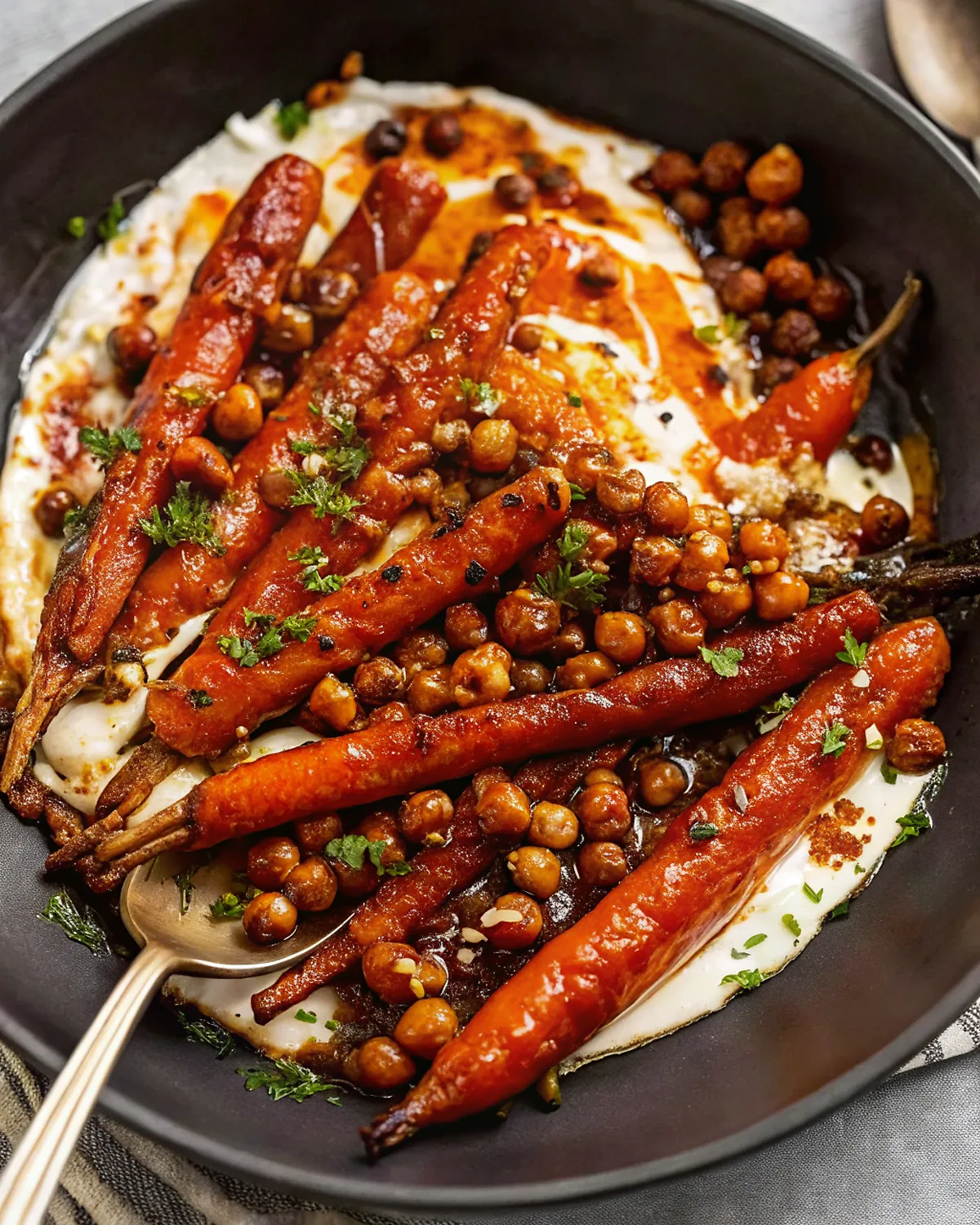 Perfectly seared Spicy maple roast carrots with crispy chickpeas and yogurt sauce served professional style