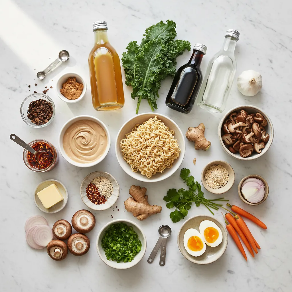 30 Minute Creamy Sesame Miso Ramen with Crispy Mushrooms ingredients organized for rapid prep on a dark wood board