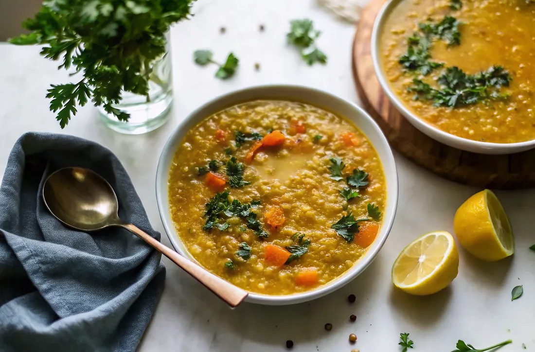 Perfectly seared Soothing Red Lentil Soup served professional style