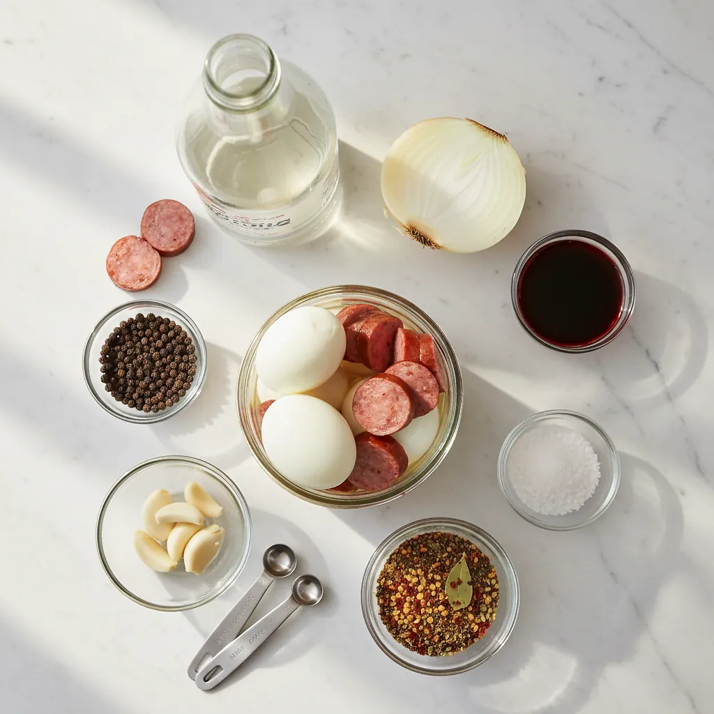 Pickled Eggs and Sausage ingredients organized for rapid prep on a dark wood board