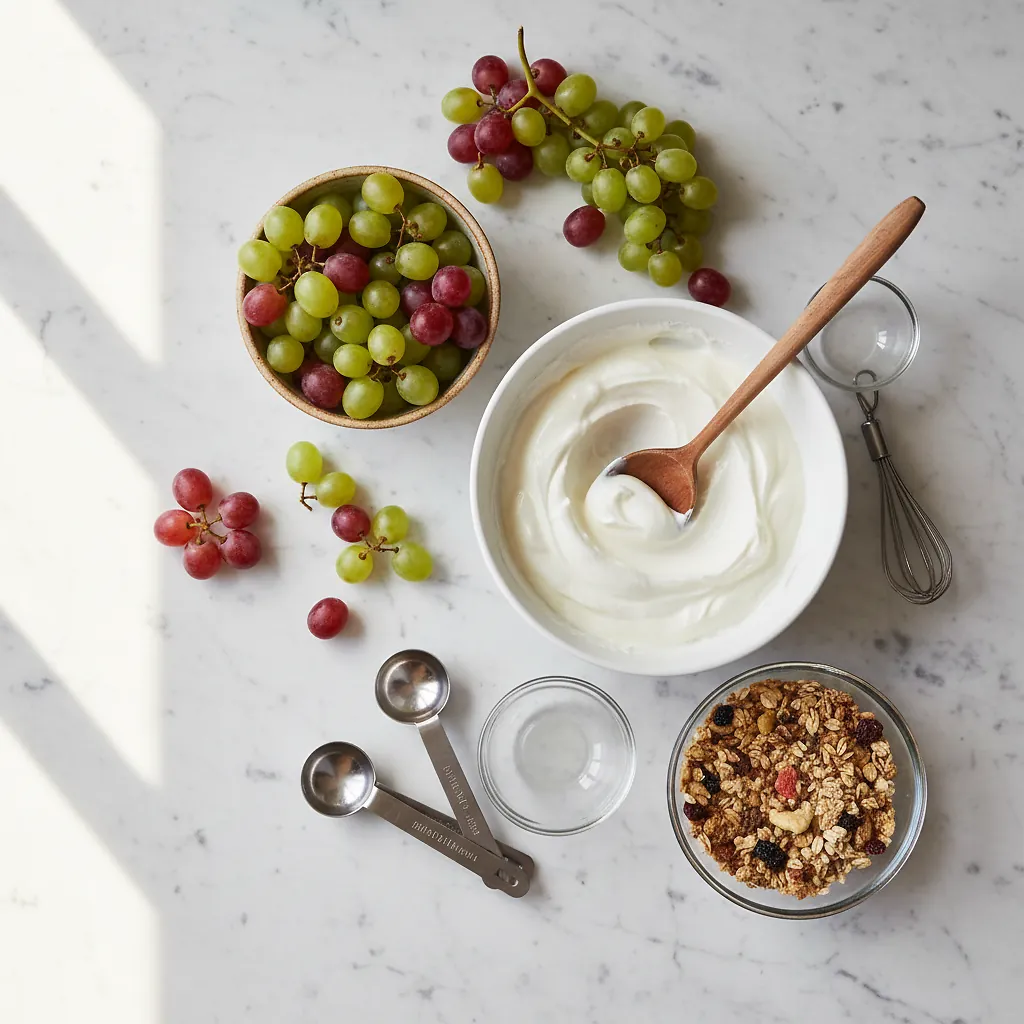 Frozen Yogurt-Covered Grapes ingredients organized for rapid prep on a dark wood board