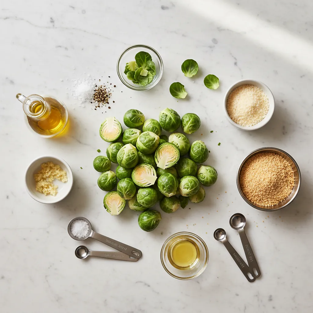 CRISPY Parmesan Roasted Brussels Sprouts ingredients organized for rapid prep on a dark wood board