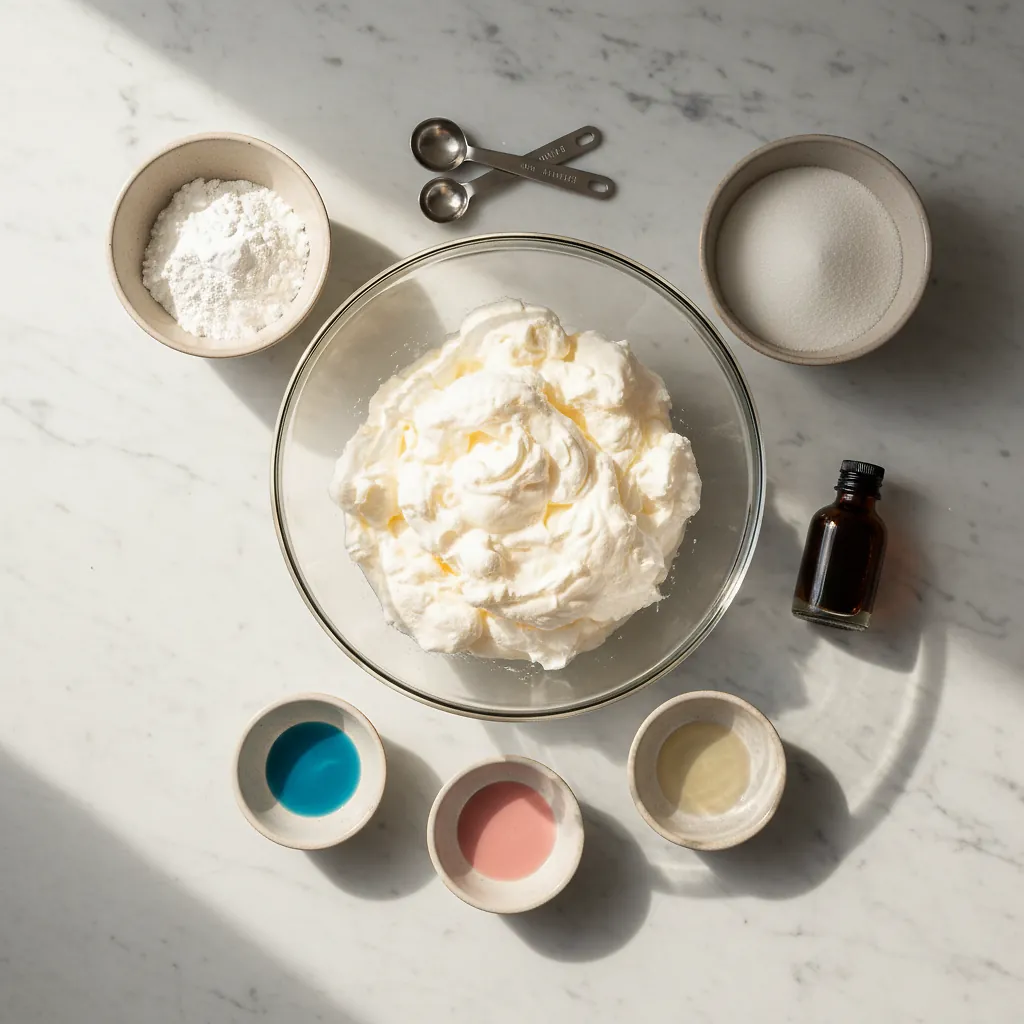 Cloud Bread ingredients organized for rapid prep on a dark wood board