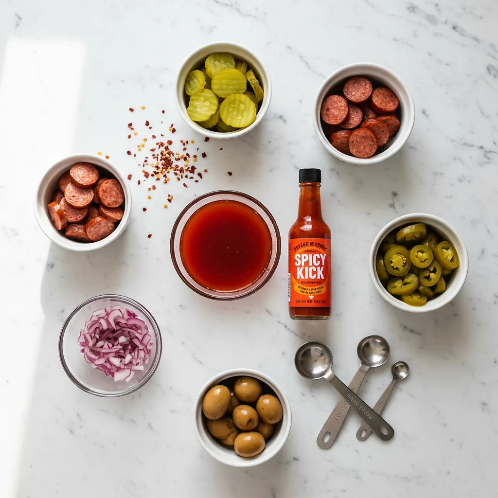 Spicy Bowls ingredients organized for rapid prep on a dark wood board