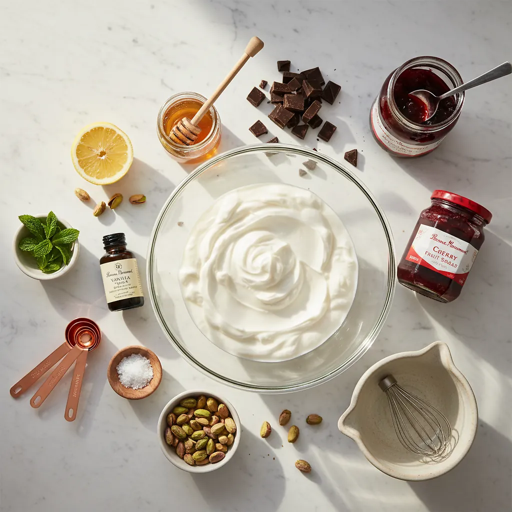 Frozen Yogurt Bark ingredients organized for rapid prep on a dark wood board