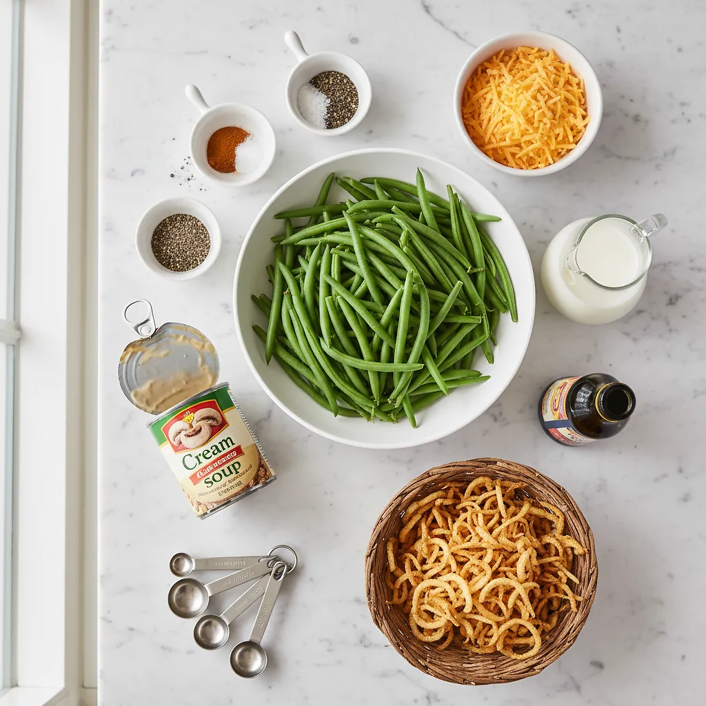 Green Bean Casserole ingredients organized for rapid prep on a dark wood board