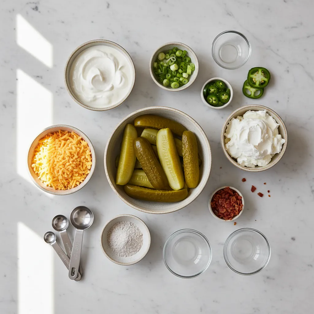 Viral Dill Pickle Dip Recipe ingredients organized for rapid prep on a dark wood board
