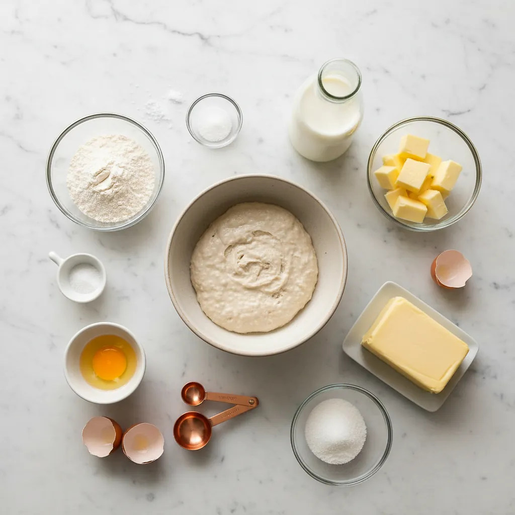 Sourdough Croissants ingredients organized for rapid prep on a dark wood board
