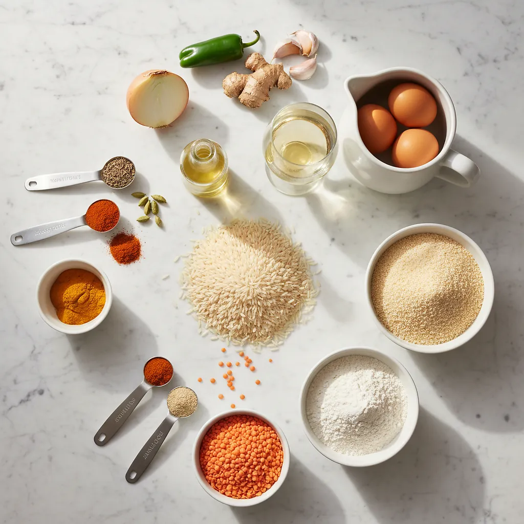 Lentil Curry Stuffed Arancini ingredients organized for rapid prep on a dark wood board