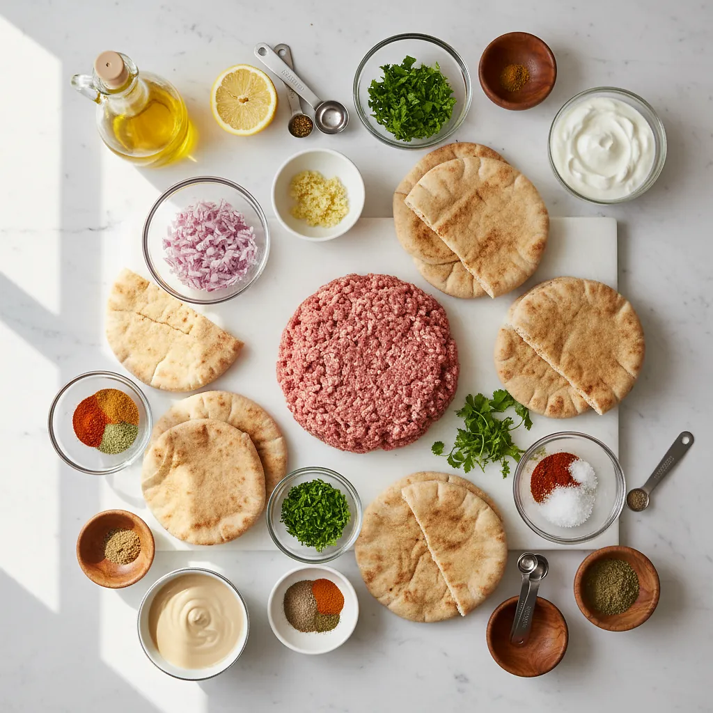 Arayes - Lebanese Meat-Stuffed Crispy Pita ingredients organized for rapid prep on a dark wood board
