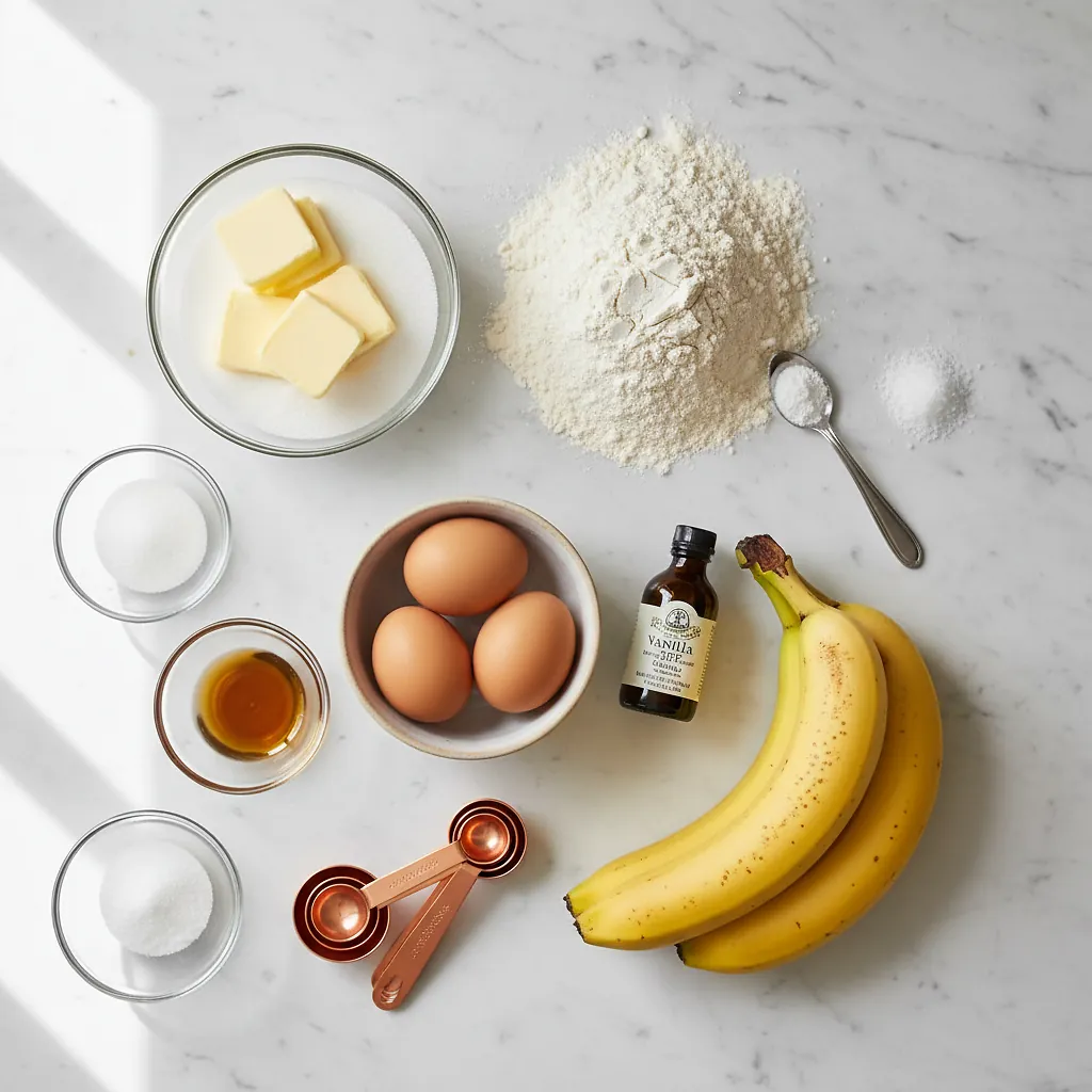 Easy Banana Bread Recipe ingredients organized for rapid prep on a dark wood board