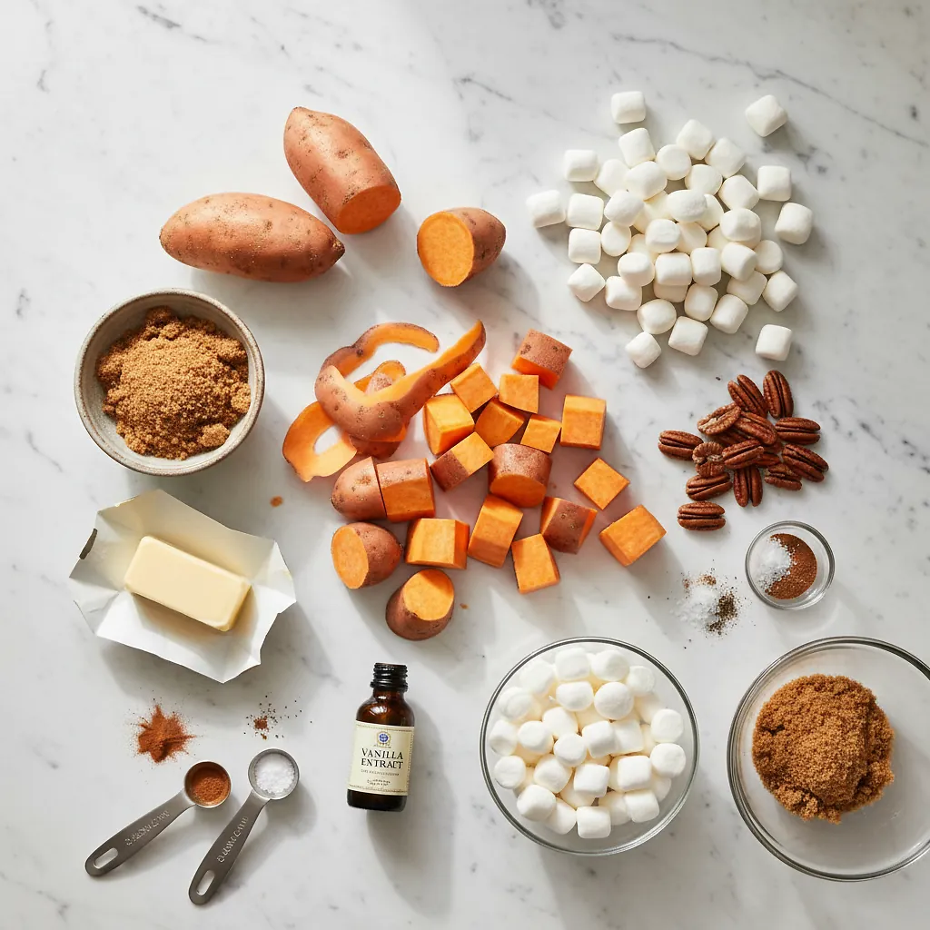 Sweet Potato Casserole ingredients organized for rapid prep on a dark wood board