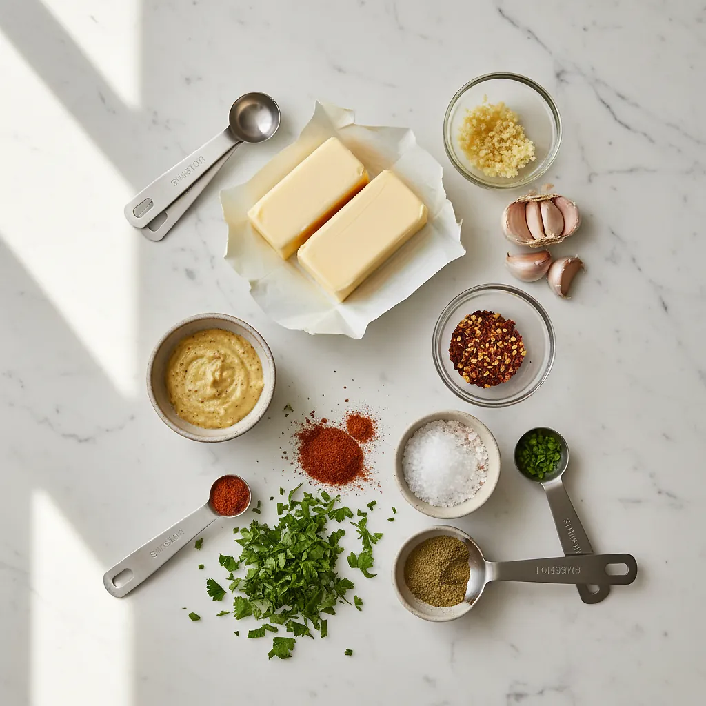 Cowboy Butter ingredients organized for rapid prep on a dark wood board