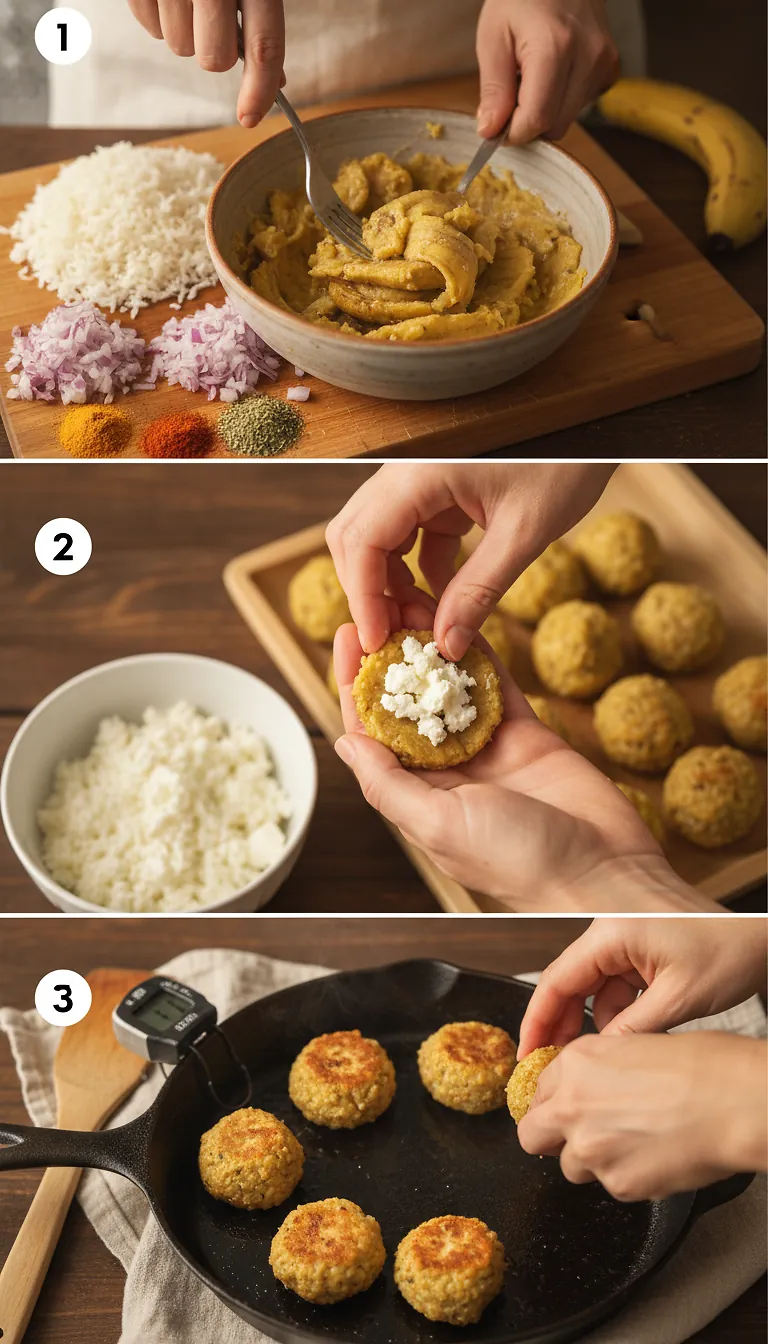 Step-by-Step High Heat Execution for Goat Cheese Stuffed Toasted Plantain Rice Balls