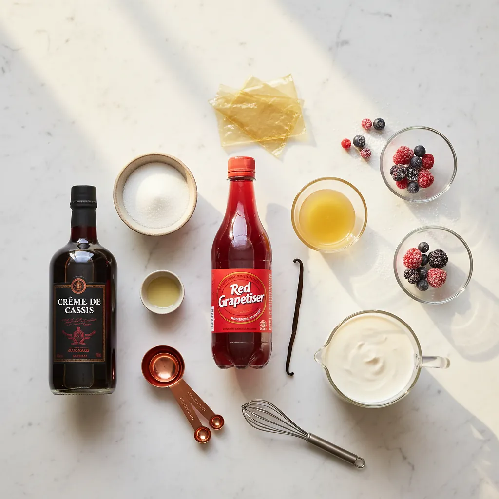 Sparkling grape jelly pannacotta ingredients organized for rapid prep on a dark wood board