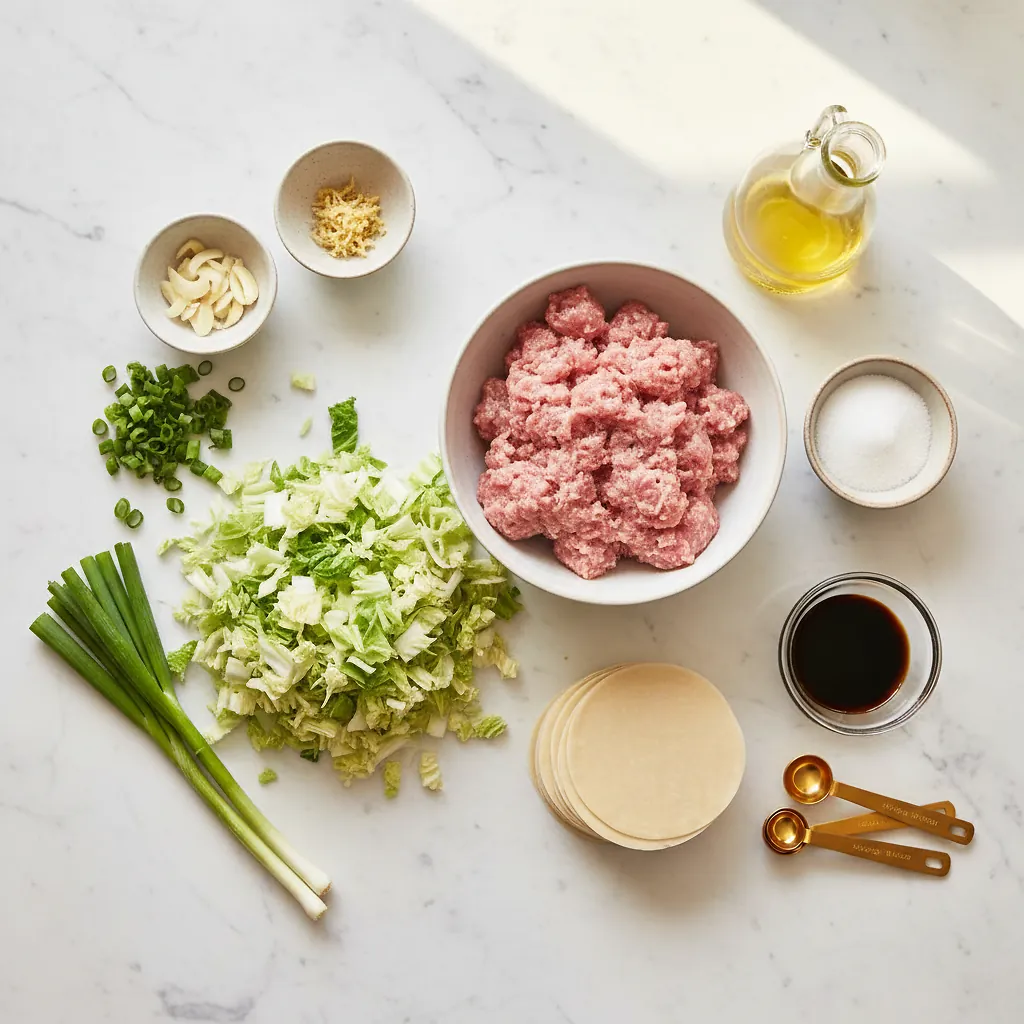 The Best Gyoza (Japanese Pork and Cabbage Dumplings) ingredients organized for rapid prep on a dark wood board